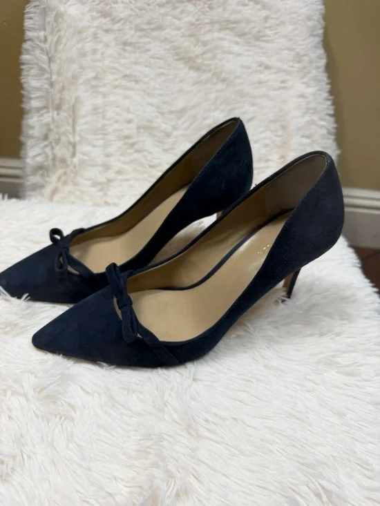 Ann Taylor Navy Suede Pointed-Toe Bow Pumps - Picture 1 of 5